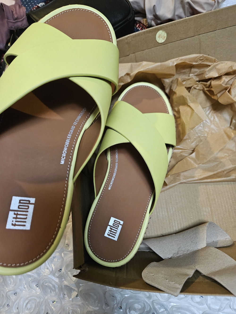 FitFlop Lime Green Cross-Strap Slide Sandals
